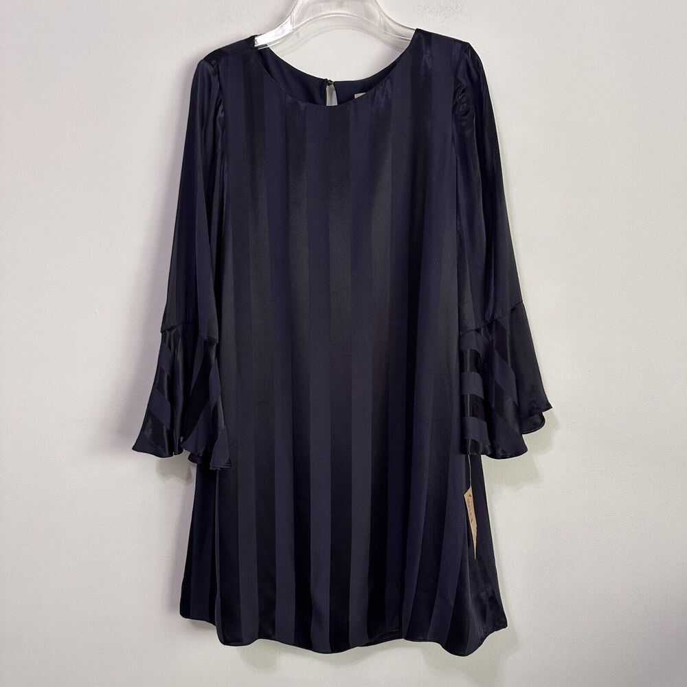 Cremieux Selina Striped Dress S Satin Twilight‎ Blue Tulip Cuff Lined Party NEW